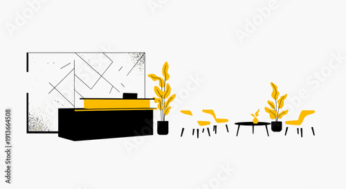 Minimalist reception area with black white and yellow geometric design elements