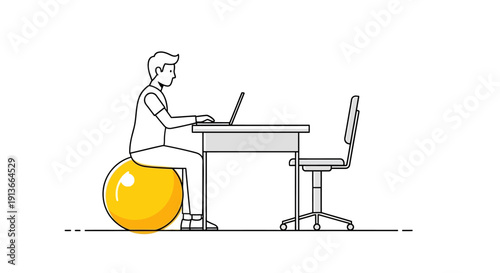 Person sitting on a yellow exercise ball working at a desk with a laptop