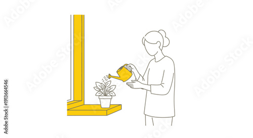 Person watering a potted plant on a yellow windowsill with a yellow watering can