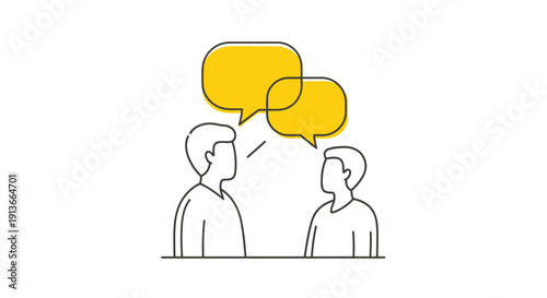 Two stylized figures in profile with overlapping yellow speech bubbles above them