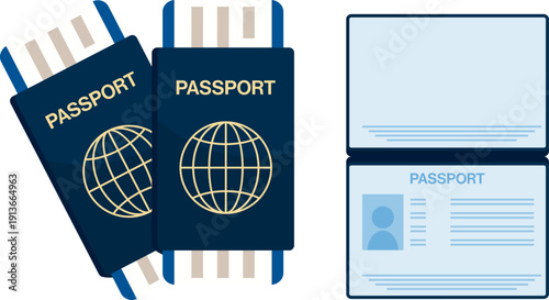 Illustration of a passport with one open passport in blue and white.