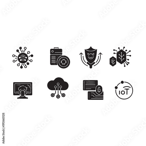 Black and white business and media web icon set with car camera money bank phone, network and technology symbols