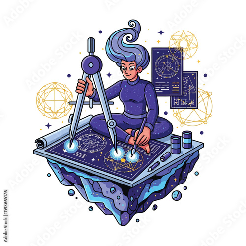 Architect of the Universe: Woman Drawing Cosmic Geometry Blueprints with Compass on Floating Starry Platform