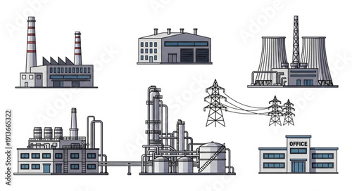 Collection of Industrial Factory Buildings and Power Lines.