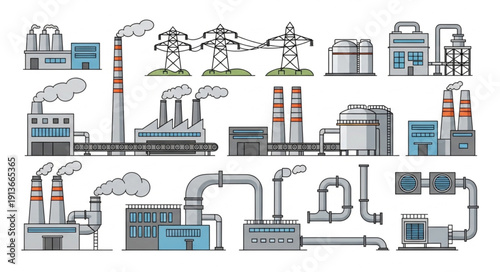 Collection of industrial factory buildings and power lines.