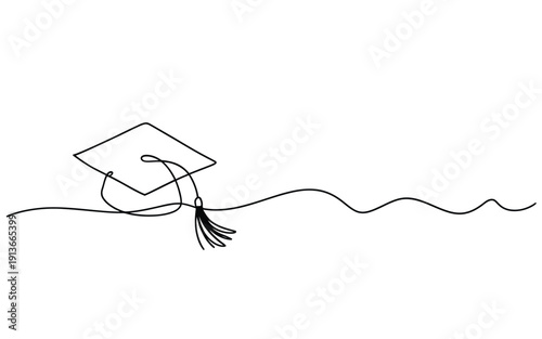 Minimalist line drawing of a graduation cap with a flowing abstract design