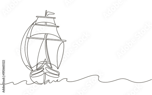 Minimalist continuous line drawing of a sailing ship on a wavy sea