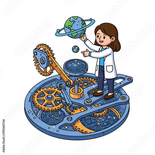 Female Scientist Interacting with Mechanical Cosmic System and Earth Globe. Clockwork Engineering, Astronomy, and Global Data Illustration.