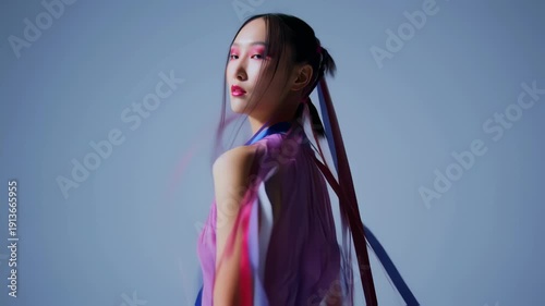 Wallpaper Mural Artistic Portrait of a Young Woman with Vibrant Makeup and Flowing Ribbons. Torontodigital.ca