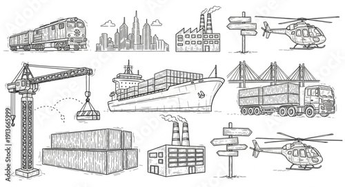 Collection of industrial and transportation related sketches.