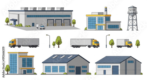 Collection of Industrial Buildings and Trucks Illustration.
