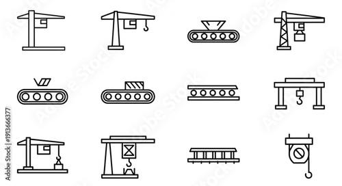 Collection of industrial conveyor belt and crane icons.