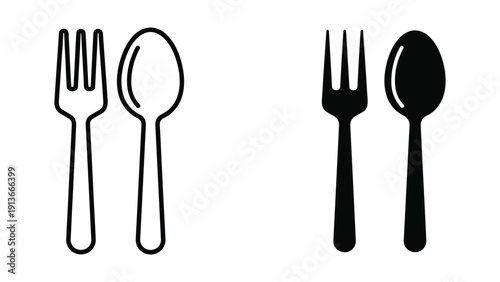 Fork and spoon set outline and solid icons