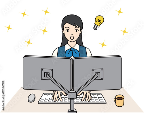 事務作業中に良いアイデアを思いつき驚く女性のイラスト