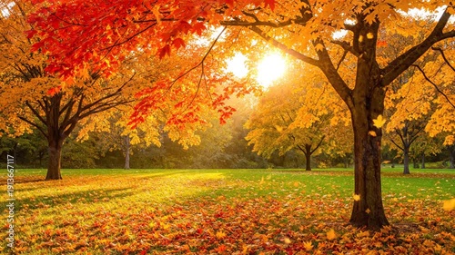 Autumn park with sunbeams.