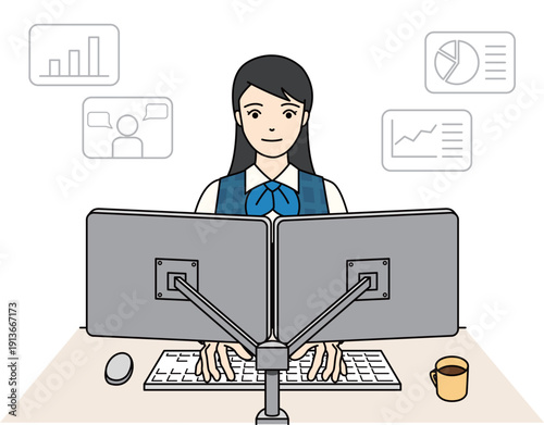事務職の女性がデータを分析し管理するイラスト