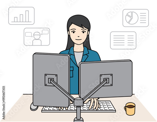複数のデータを画面越しに確認する女性作業員のイラスト