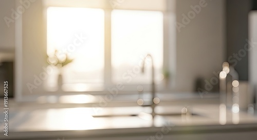 Blurred background of a modern kitchen with a sink and bright window, creating a soft and inviting atmosphere.