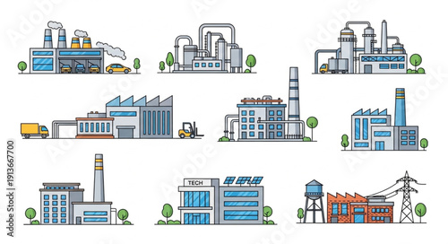 Collection of Industrial Factory Buildings with Smokestacks and Trucks.