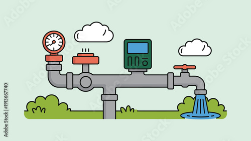 Water Metering, simplified vector illustration of water measurement setup, showcasing flow monitoring, resource management, efficiency, and utility system concept design.