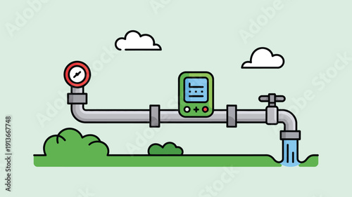 Water Metering, simplified vector illustration of water measurement setup, showcasing flow monitoring, resource management, efficiency, and utility system concept design.
