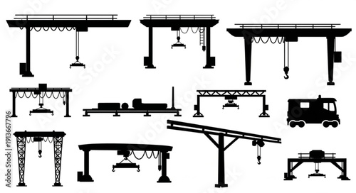 Collection of industrial gantry cranes and lifting equipment silhouettes.