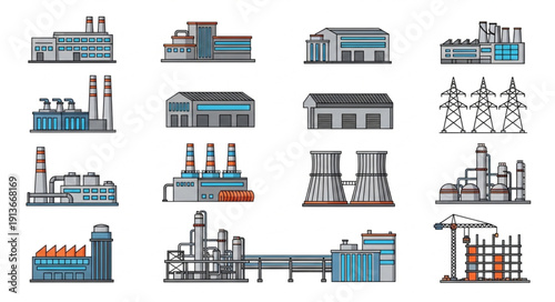 Collection of industrial factory buildings and power plants.
