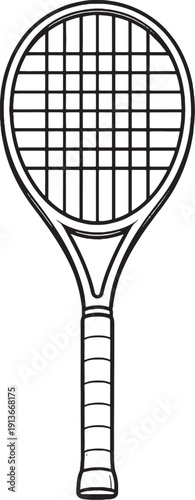 Tennis Racket Front View Black and White Line Art Illustration