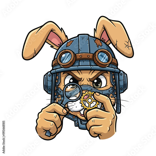 Focused Steampunk Rabbit Mascot Engineer Examining Gear | Vintage Mechanic Bunny Illustration on White