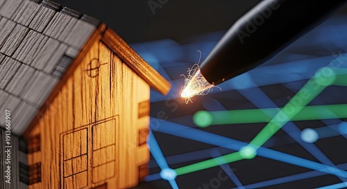 Digital Pen Illuminating a Wooden House with Abstract Data Network.