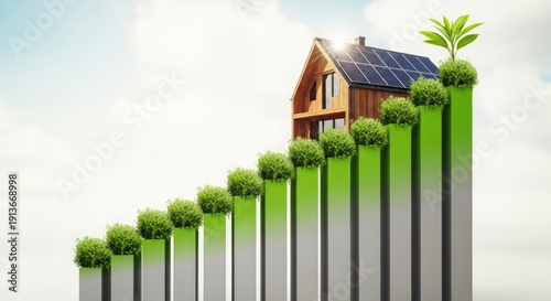 Sustainable Home Growth on Green Bar Chart with Solar Panels.