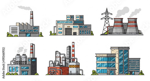 Collection of Industrial Factory Buildings with Smoke Stacks.