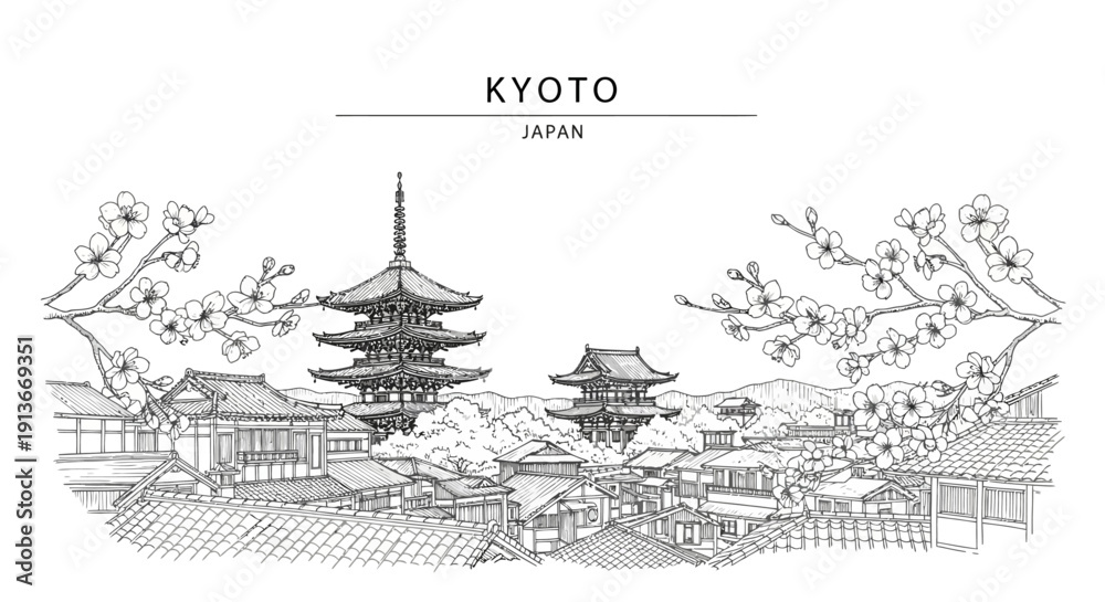 Obraz premium Black and white line drawing of Kyoto cityscape with pagodas and cherry blossoms