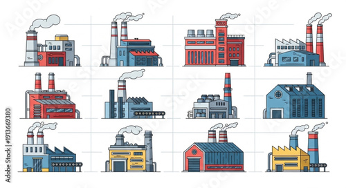Collection of Industrial Factory Buildings with Smoke Stacks.
