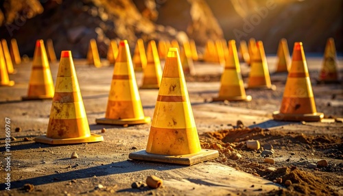 FlyPro Firefly presents a detailed photographic capture of scattered yellow caution cones strategically placed around a precarious excavation site, highlighting safety measures.