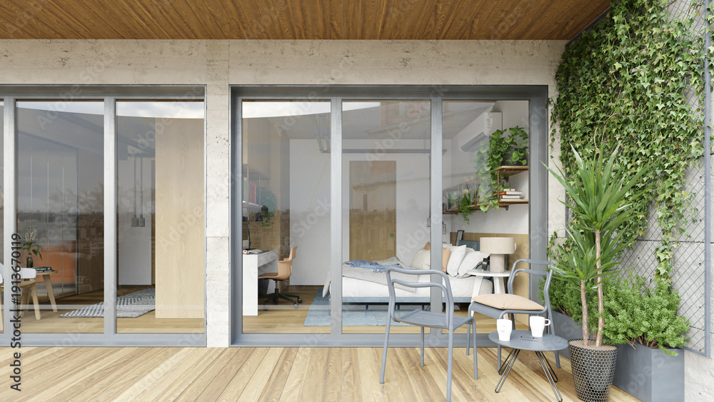 Naklejka premium Modern bedroom interior viewed through glass sliding doors from a wooden terrace. Balcony with metal chairs and vertical garden wall. 3D rendering of residential architecture
