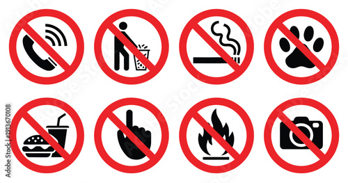 Prohibited Icons, flat vector symbols representing no cell phones, littering, smoking, pets, eating or drinking, do not touch, no fire, and photography prohibited, isolated on white background, ideal 