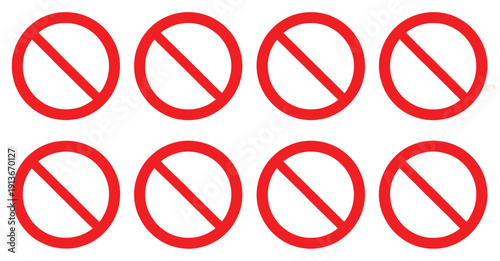 Prohibited Icons, vector illustrations of no cell phone zone, no litter, no smoking, no pets, no eating and drinking, do not touch, no fire, and no photography symbols, flat design isolated on white b