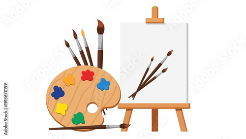 Artistic tools - painting palette, brushes, and canvas on easel
