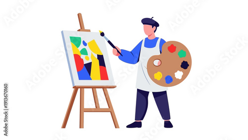 Artist painting abstract colorful artwork on canvas easel with palette