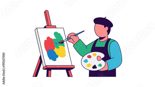Artist painting colorful abstract art on easel with palette, creative hobby