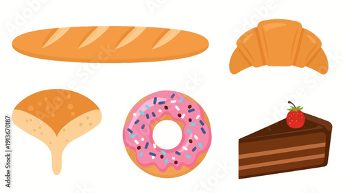 Assorted Baked Goods - Croissant, Donut, Bread, Cake Slice, Pastry - Flat Illustration