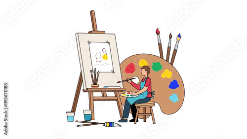 Artist painting on canvas easel with palette and brushes, creative hobby