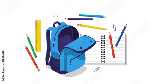 Back to School: Blue Backpack with Supplies - Pencils, Ruler, Notebook