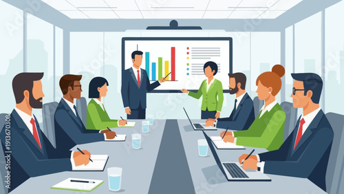Business meeting presentation with a team discussing charts and graphs in a modern boardroom.