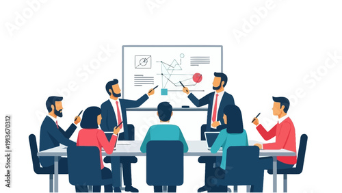 Business meeting with presentation and charts at a conference table