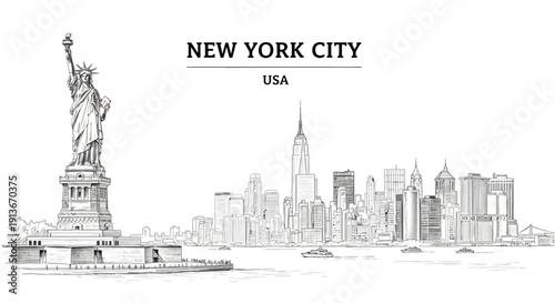 Black and white sketch of the Statue of Liberty and the Manhattan skyline across water