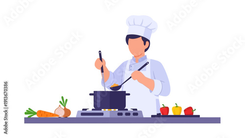 Chef cooking food in kitchen, preparing meal with vegetables and ingredients