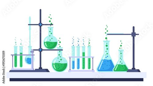 Chemical experiment, laboratory equipment, flasks and test tubes with green and blue liquid, bubbles