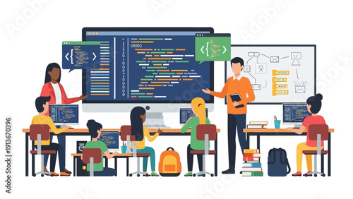 Children Learning Coding in a Modern Classroom with Teacher